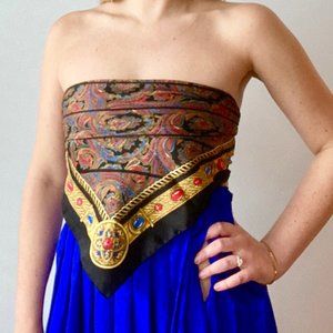 Vintage Paisley and Chain Link Pattern Silk Scarf Large Jewel Tones